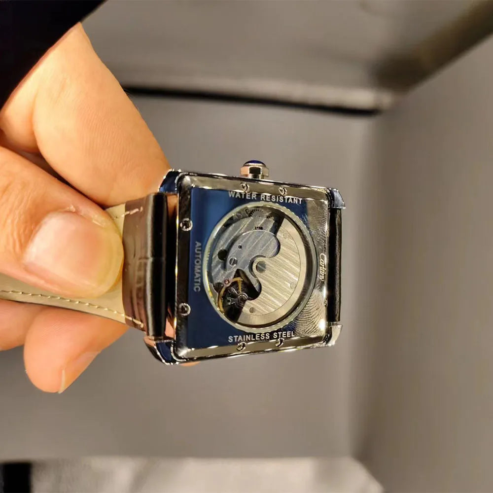 Montre automatique de luxe pour homme – Montre-bracelet mécanique, modèle élégant de grande marque, boîtier carré en acier inoxydable, étanche – CARLTINY