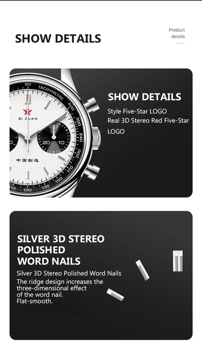 Red Star Panda Men's 1963 Chronograph Mechanical Wristwatch Seagull ST1901 Movement Gooseneck 40mm Luminous Sapphire Pilot Watch
