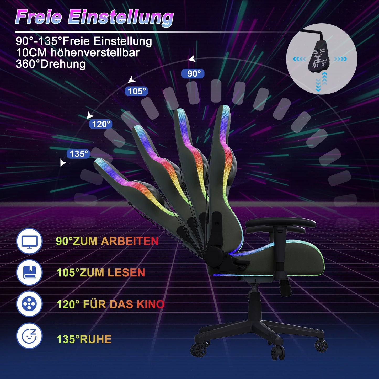 Comanlai Ergonomic Gaming Chair with RGB LED Lights Massage Lumbar Pillow Adjustable Recline Height Game Chair for Office Gaming