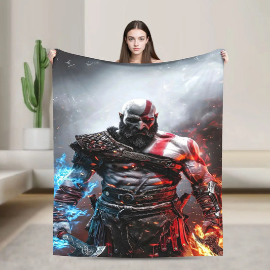 God of War Games Kratos Cartoon Flannel Blanket  Super Soft Throw Blanket for Couch Bed Travel Street Trend Bedspread Sofa Bed