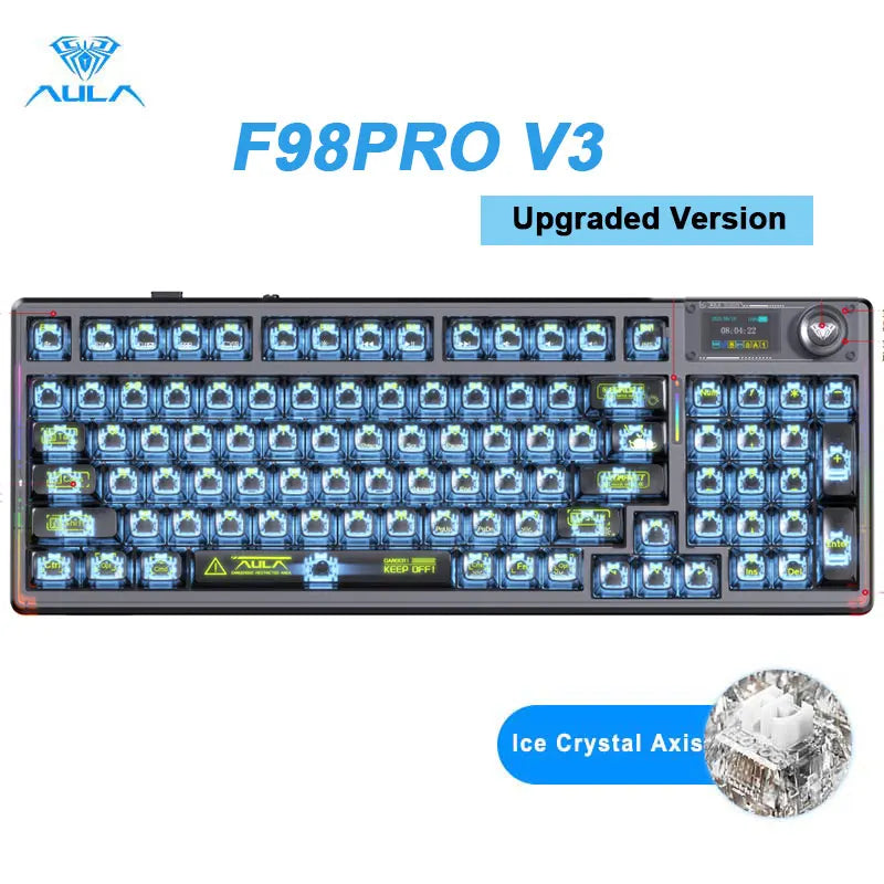 AULA F98PRO Wireless Mechanical Keyboard Transparent Keycaps RGB Backlit Custom 2.4G Hot Swappable Gaming Keyboard With Screen
