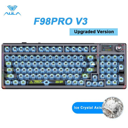 AULA F98PRO Wireless Mechanical Keyboard Transparent Keycaps RGB Backlit Custom 2.4G Hot Swappable Gaming Keyboard With Screen