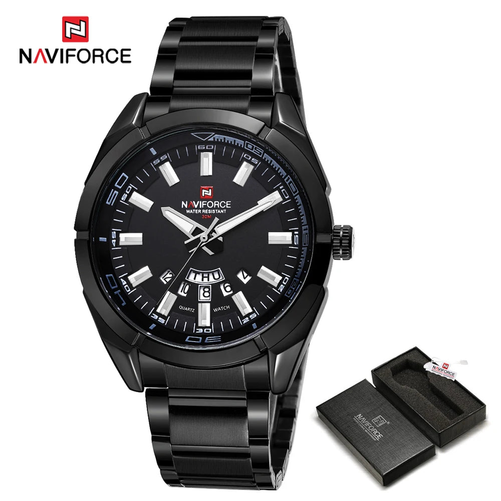 „NAVIFORCE“ vyriškas laikrodis, pagamintas iš plieno, atsparus vandeniui, kasdieniško stiliaus, su kvarciniu mechanizmu ir datos rodikliu – prabangus vyriškas rankinis laikrodis, pagamintas vienos iš pirmaujančių prekių ženklų.