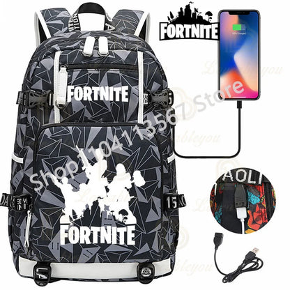 Mochila Yule Trooper F-Fortnited Battle Royale com carregamento USB, figuras anime e compartimento para material escolar para estudantes