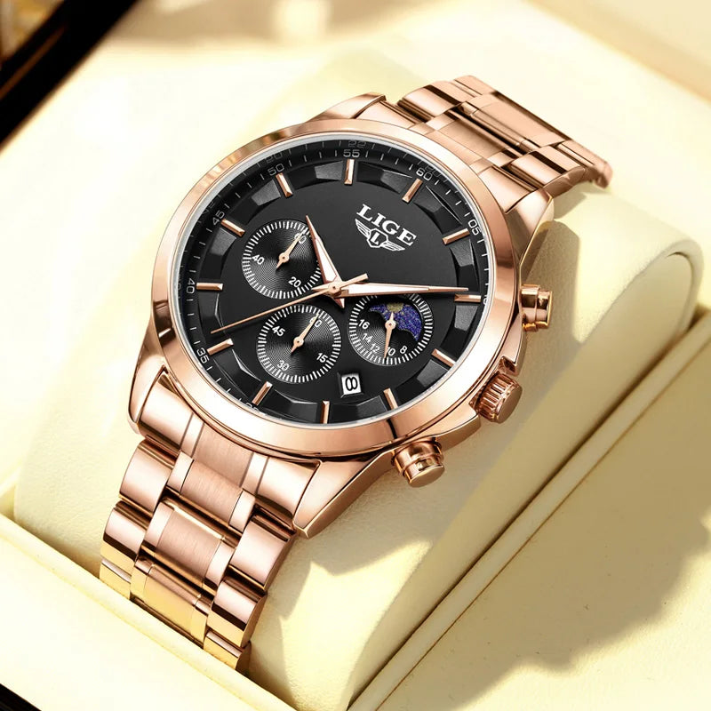 Pánské hodinky LIGE – luxusní quartzový chronograf, vodotěsné (3 bary), s luminiscenčními ručičkami