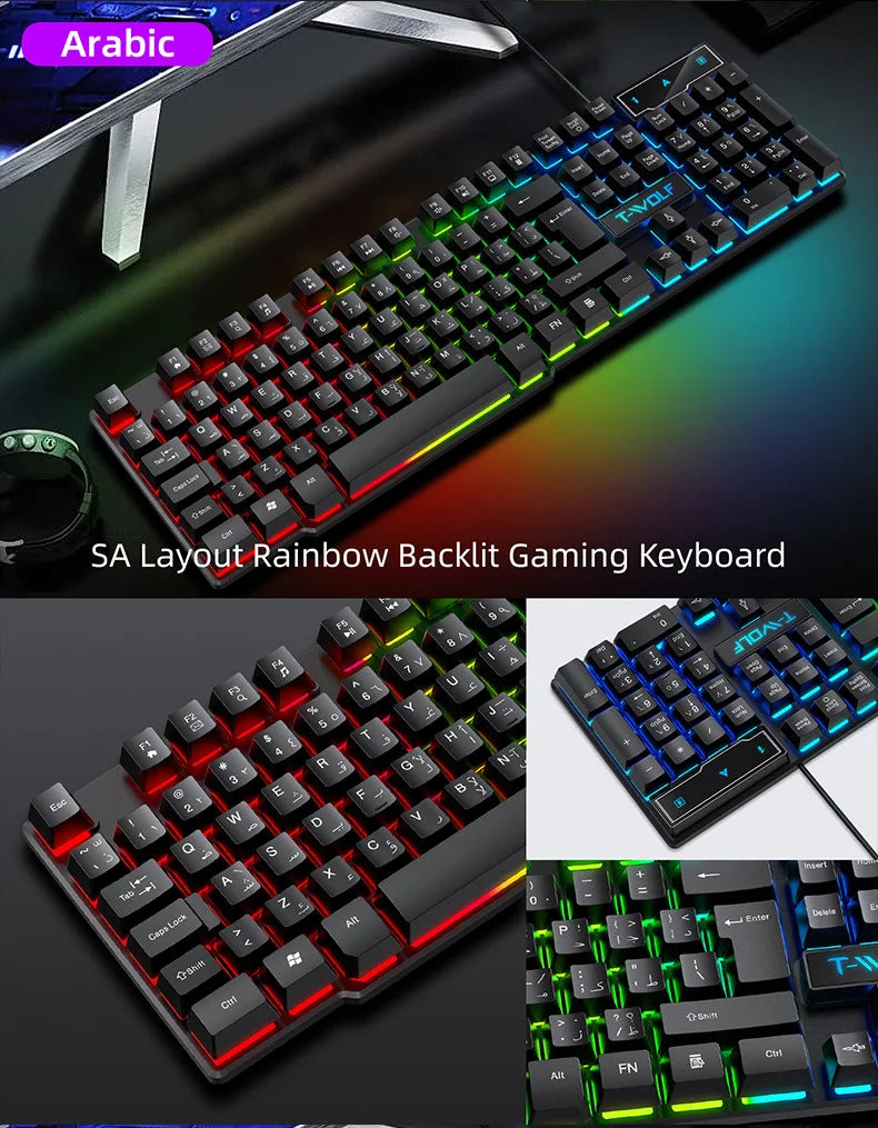 Teclado gaming com sensação mecânica, retroiluminado RGB, com fios, USB, para escritório e casa, com teclas multimédia, russo, espanhol, árabe e inglês