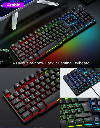 Teclado gaming com sensação mecânica, retroiluminado RGB, com fios, USB, para escritório e casa, com teclas multimédia, russo, espanhol, árabe e inglês