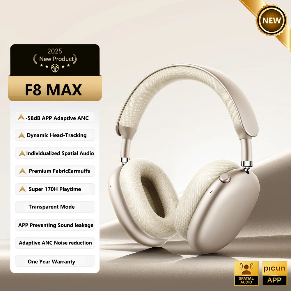 Auscultadores Sem Fios Picun F8MAX ANC com Cancelamento Ativo de Ruído Híbrido de 59dB, Áudio Espacial, Bluetooth 6.0, Over Ear, 180H