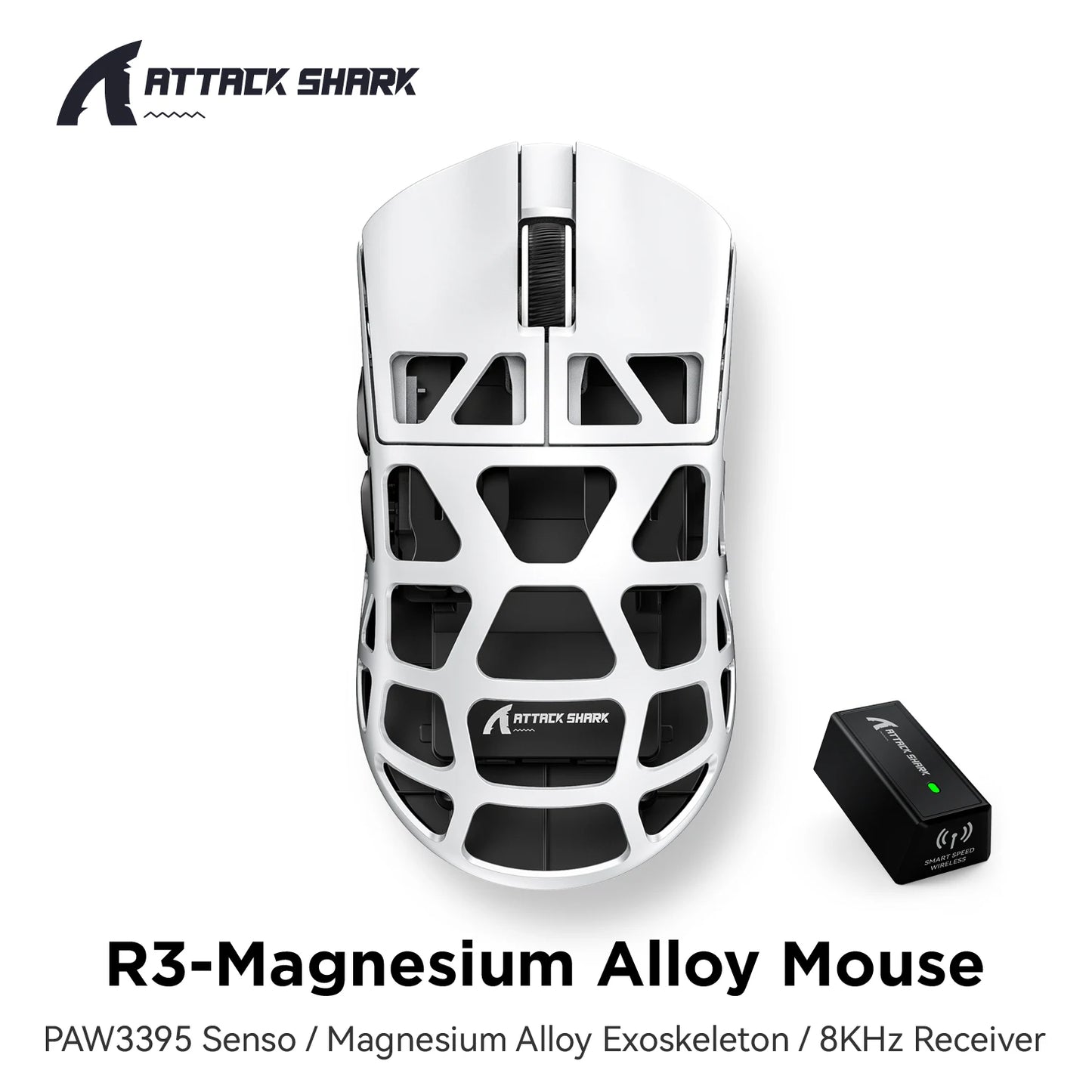 ATTACK SHARK R3 Gaming Mouse Magnesium Alloy Honeycomb, Ultra-Lightweight 8K Hz, PAW3395 Sensor, 26000 DPI, Ergonomic Shell