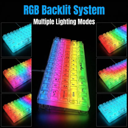 61-key fully transparent wired gaming keyboard with RGB backlight, ergonomic design, portable and ultra-compact 60% mini film keyboard