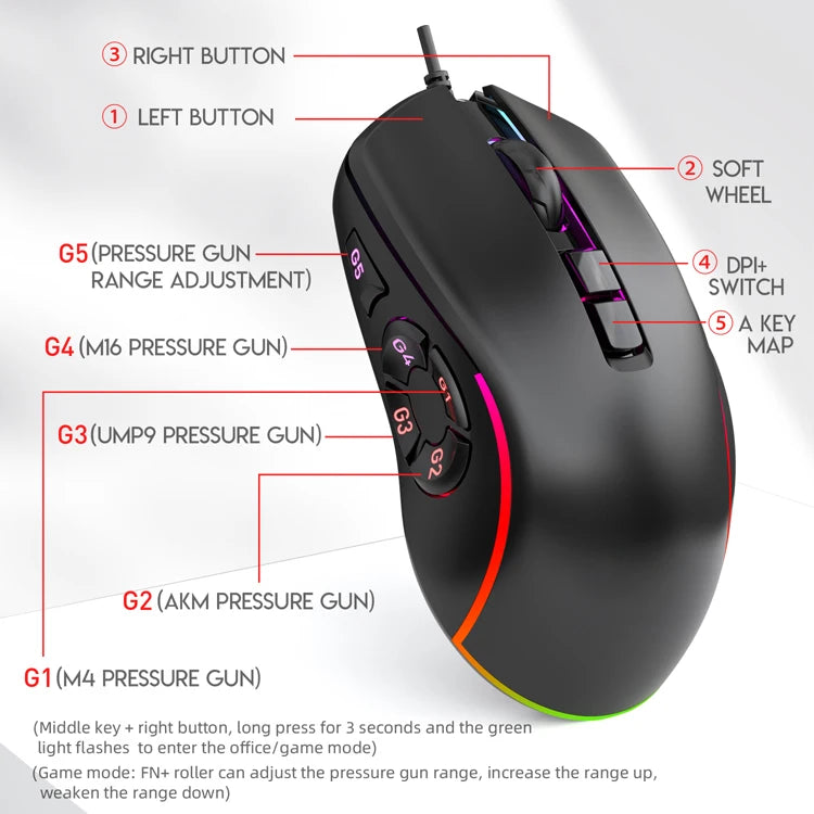 Kabelgebundene Gaming-Office-Maus 7200DPI mit RGB-Hintergrundbeleuchtung, 6 einstellbaren DPI-Stufen/10 programmierbaren Tasten/Zurück-zum-Desktop-Taste