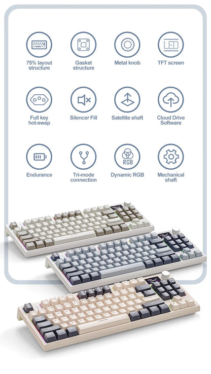 ATTACK SHARK K86 Mechanical Keyboard with Metal Knob, TFT Smart Color Screen, 87-key Layout, RGB Lighting, and Three-mode Connection