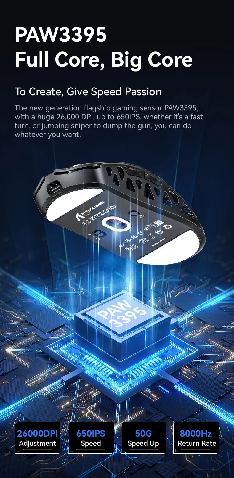 ATTACK SHARK R3 Gaming Mouse Magnesium Alloy Honeycomb, Ultra-Lightweight 8K Hz, PAW3395 Sensor, 26000 DPI, Ergonomic Shell
