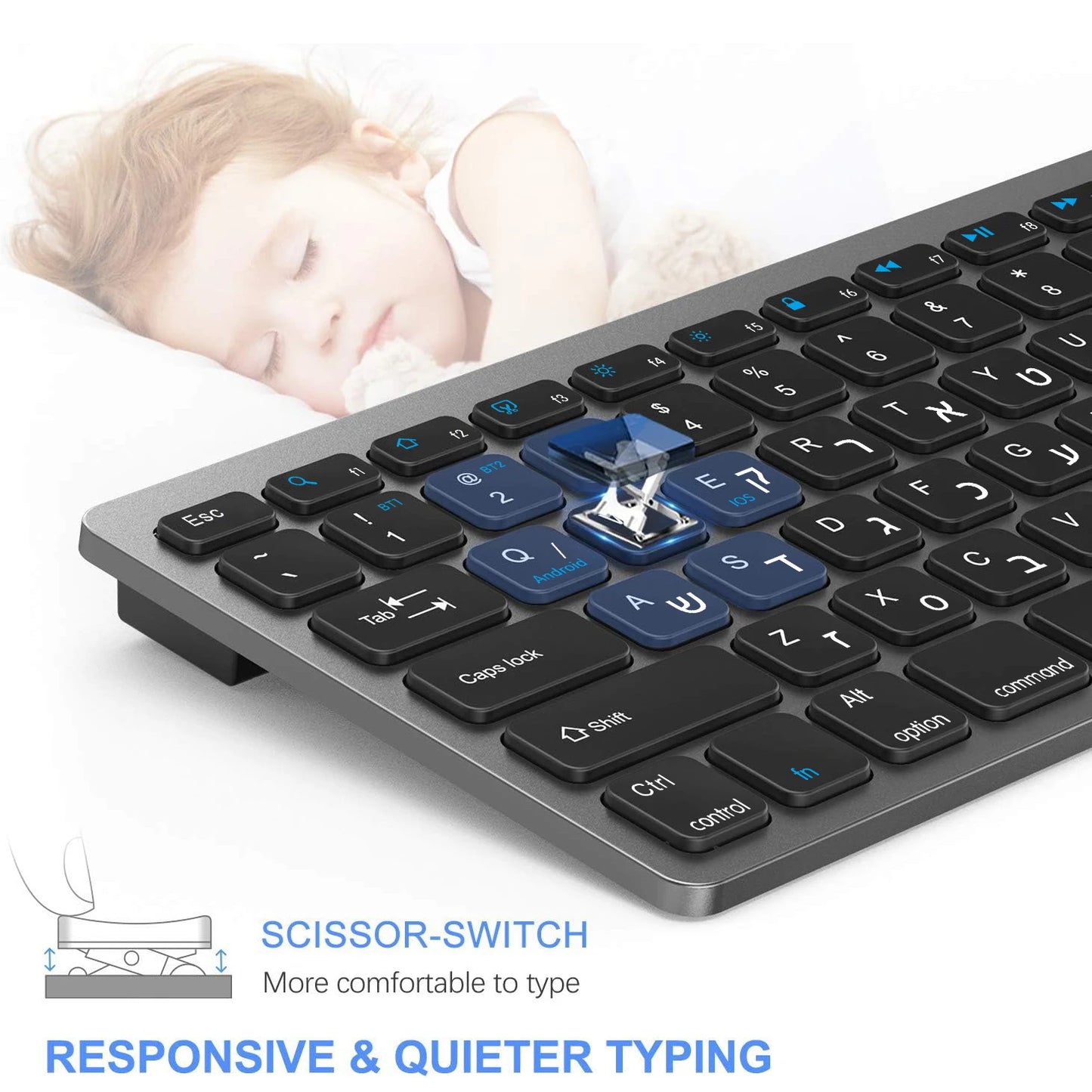 Tastiera wireless con layout ebraico-inglese Bluetooth e 2.4G Dual Mode, sottile, compatta ed ergonomica per Windows, iOS e Android