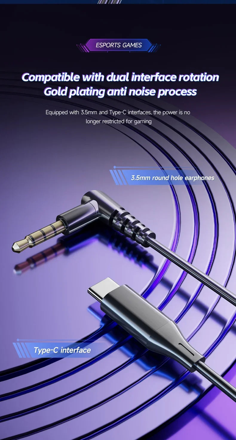Gaming Earbud Gamer Headphone With Dual Microphones Typec&3.5mm In-ear Earphones HiFi Stereo Headsets Sport with Mic for Samsung