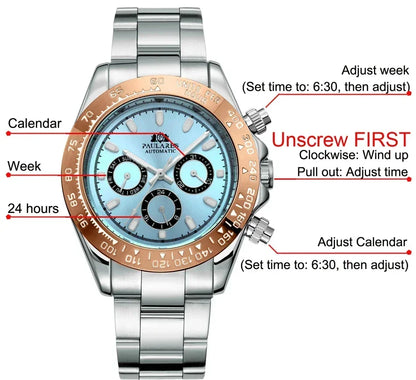 Automatic Watches for Men Mechanical Self Weind Gold Stainless Steel Glacier Ice Blue Chestnut Brown Bezel Reloj Hombre Baratos