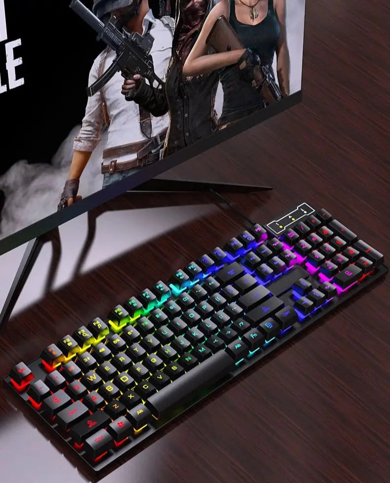 Teclado con cable de 104 teclas con retroiluminación RGB y efecto de respiración, set ergonómico de teclado y ratón gaming para ordenador, portátil, gamer y oficina