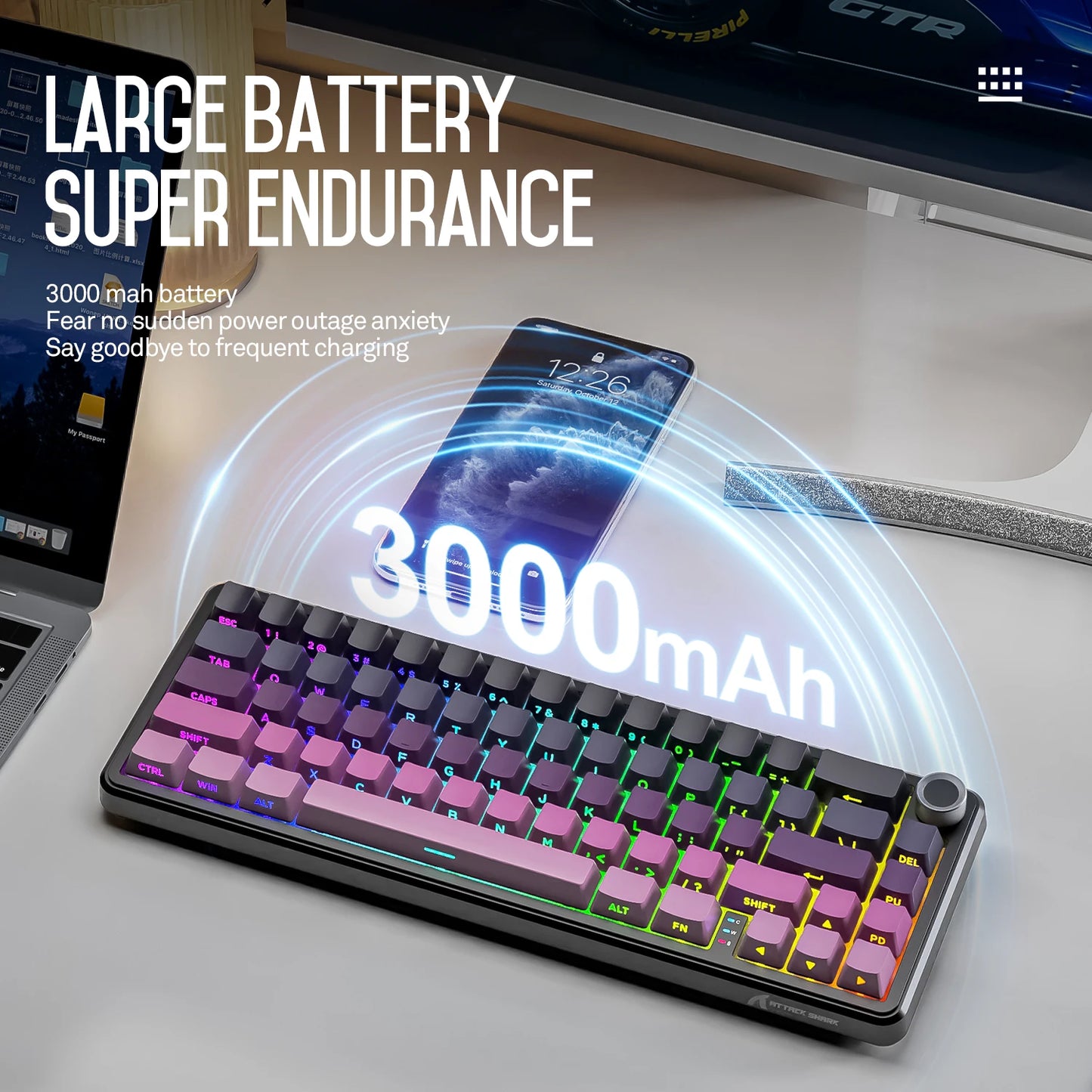 Attack Shark X66 Tastiera meccanica wireless 65% layout compatto, retroilluminazione RGB, gasket mount, hot swap, Bluetooth, USB-C, PBT, batteria ad alta capacità
