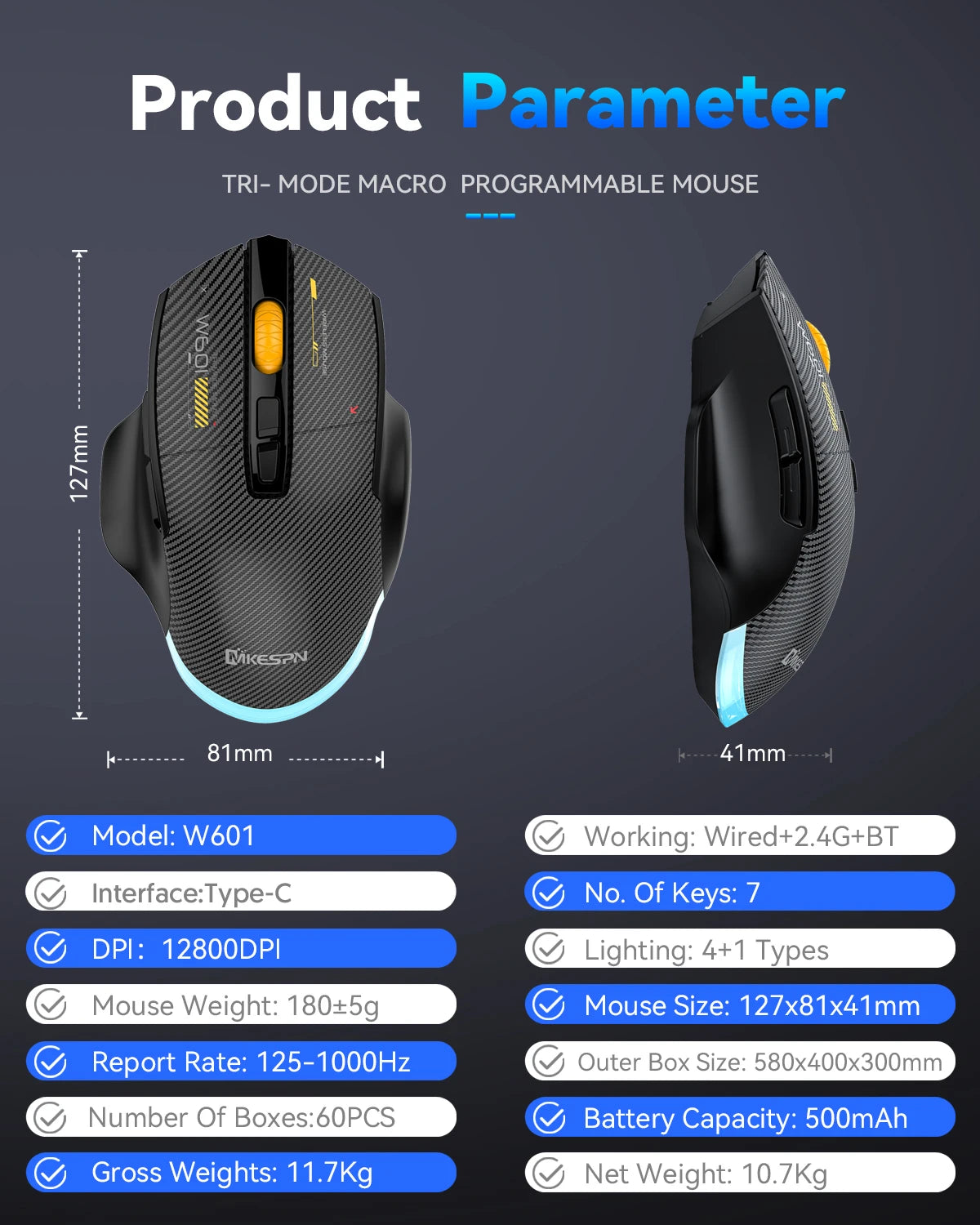 Mouse gaming tri-mode 12800DPI 2.4G Wireless Bluetooth cablato in fibra di carbonio, pulsante silenzioso, programmazione macro, 500mAh, 7 tasti