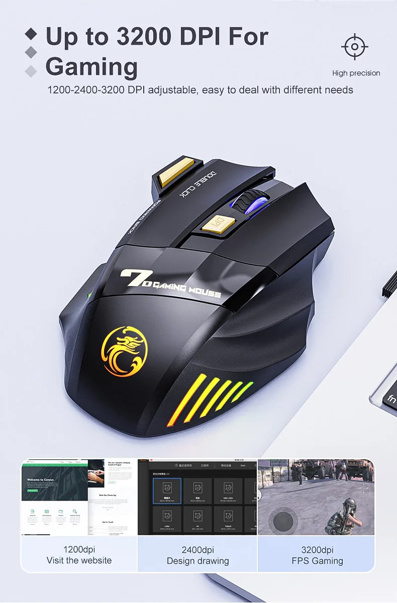 Mouse gaming wireless USB IMICE GW-X7 3200DPI dual mode ricaricabile, 7 tasti, 2.4Ghz, silenzioso, Bluetooth, LED breathing a 7 colori