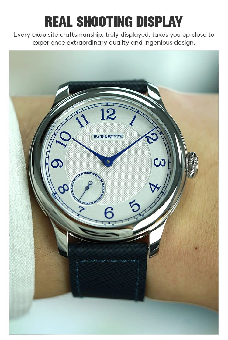 Relógio masculino FARASUTE NEW Machinery com mostrador salmão, movimento mecânico manual ST17, pequeno segundeiro e bracelete Bonklip vintage