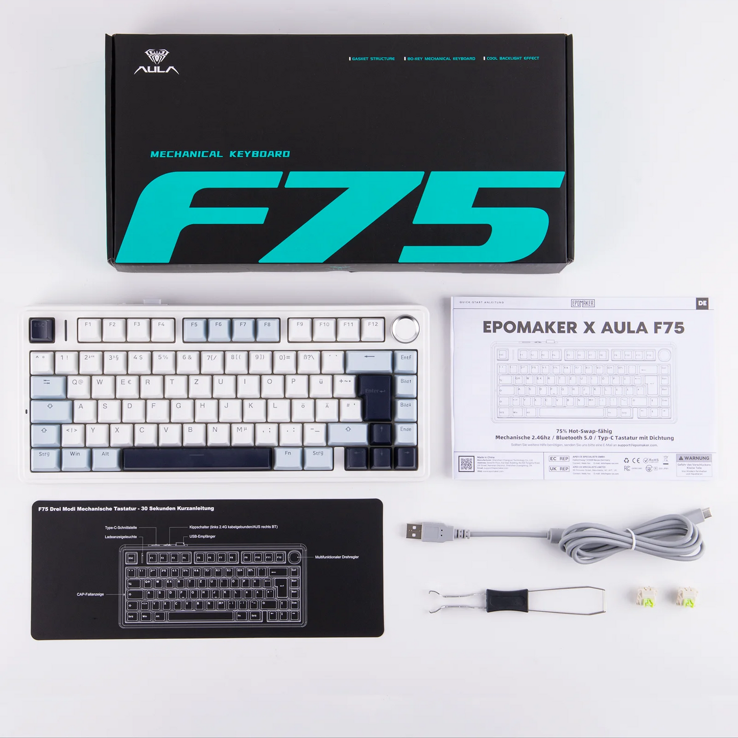 EPOMAKER x AULA F75 ISO-DE kabellose mechanische Tastatur mit Tri-Mode-Konnektivität, deutschem QWERTZ-Layout und 4000 mAh Akku