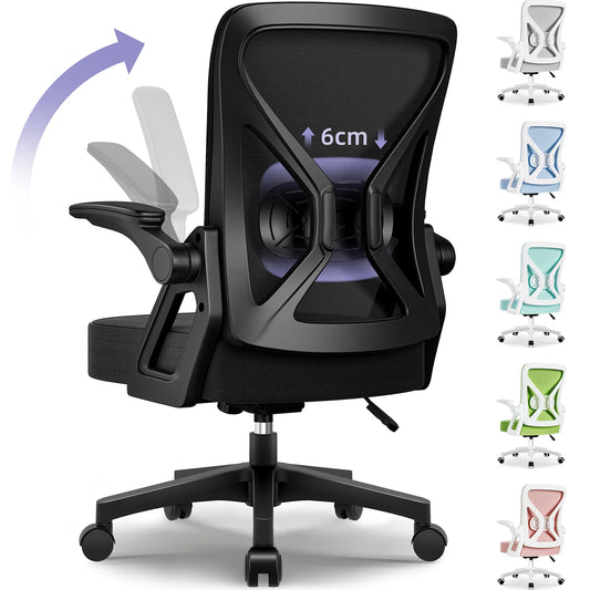 AUTHMIC Ergonomic Office Chair with Lumbar Support, Mesh Back, Flip-Up Armrests, Adjustable Height, Reclining Desk Chair for Home Office