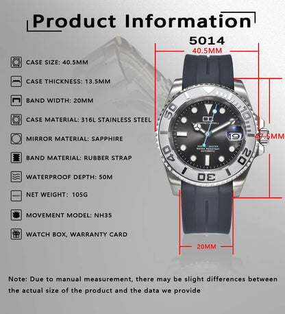 DWAYNE CAMPBELL NH35 Men's Mechanical Watch Waterproof Rubber Band Luminous Sapphire Glass Sport Watch