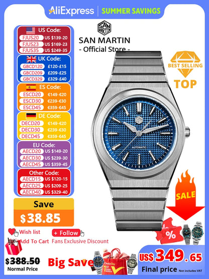 San Martin 39mm Luxury Men Sports Watch Waffle Dial Integrated Bracelet Miyota 90S5 Automatic Mechanical Clear Caseback SN0152