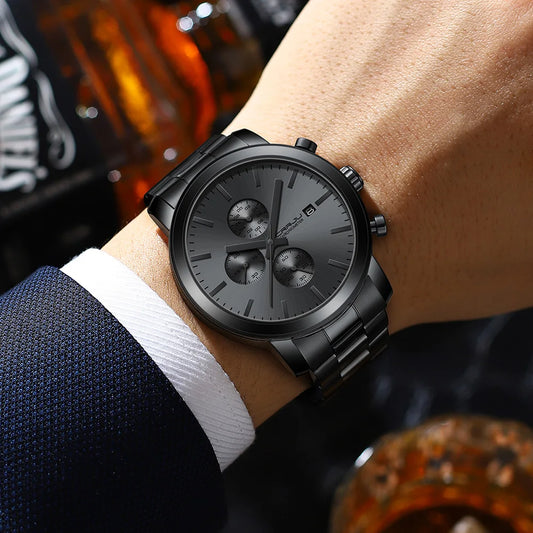 Reloj para hombre CRRJU: cronógrafo de acero inoxidable, resistente al agua, con indicador de fecha, movimiento analógico de cuarzo, estilo elegante y profesional