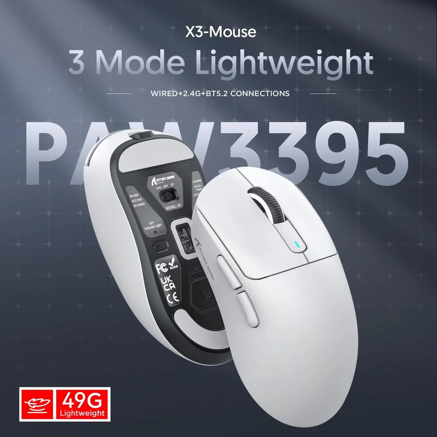 Mouse gaming wireless ATTACK SHARK X3 PixArt PAW3395 49g SUPERLIGHT, BT/2.4G wireless/cablato, 6 DPI regolabili fino a 26000