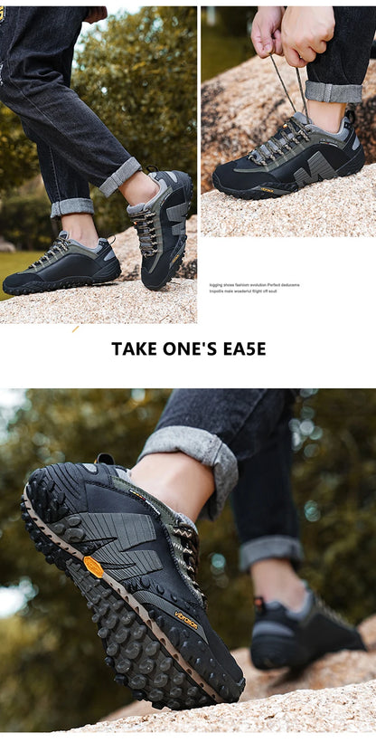 Sapatos de montanhismo para homem em couro genuíno, calçado desportivo outdoor antiderrapante, sapatos de montanhismo e caminhada respiráveis para turismo