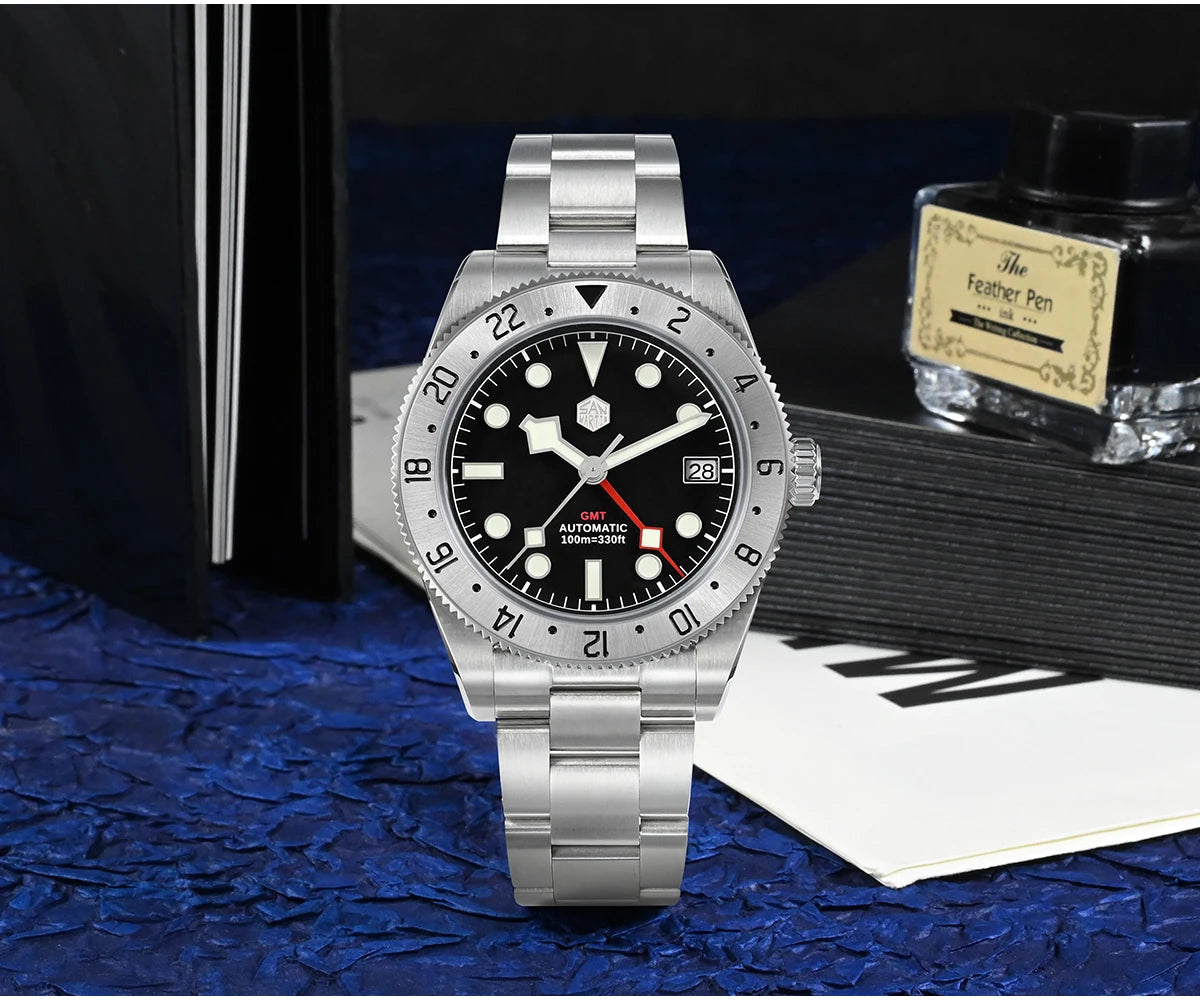 San Martin 39mm NH34 GMT Men's Luxury Watch Bidirectional Aluminum Bezel Automatic Mechanical Sapphire 100M Waterproof SN0109