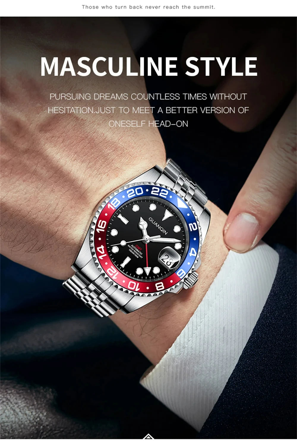 GUANQIN GMT Men's Watches 2025 New Automatic Watch Men NH34 Mechanical Wristwatch Sapphire Glass Stainless Steel Clock Left Hand