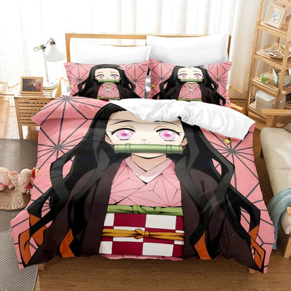 Nezuko Kamado patalynės komplektas, anime „Demon Slayer“ antklodės užvalkalas, patalynė, Single Twin Full Queen dydžiai, 3D dovana vaikams, mergaitėms ir berniukams