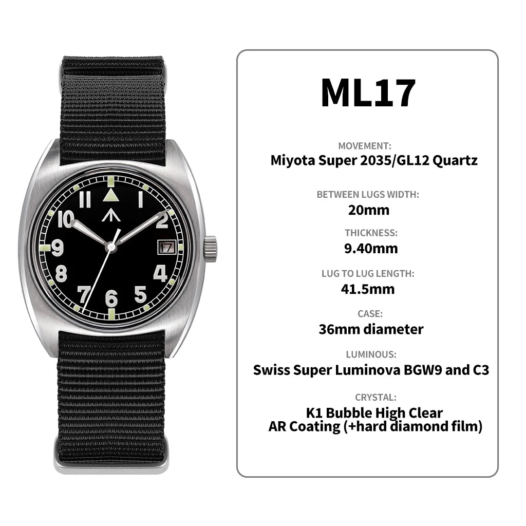 Orologio Militado ML17 Miyota Super 2035/ GL12 con movimento al quarzo, Luminova C3 e BGW9, impermeabile 100m, in acciaio inox