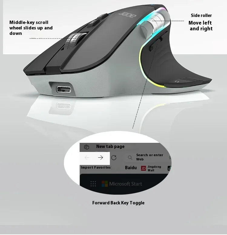 Acer Omr225 Gamer Mouse 3mode Bluetooth Wireless Mouse Dual Scroll Ergonomic Mouse Custom Programming Gaming Mice Office Mouses