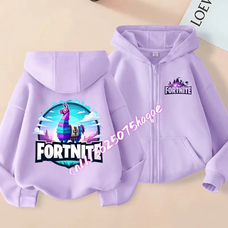 Novo hoodie infantil Fortnite com fecho de correr, estilo cartoon anime, casual e respirável, casaco para meninos, primavera 2026, roupa para criança