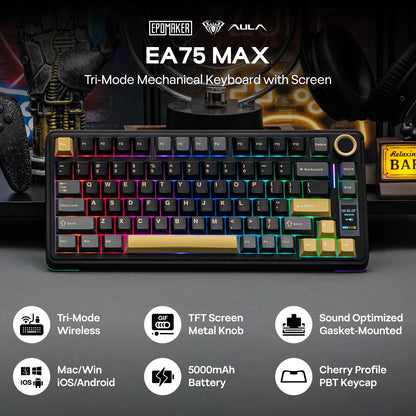 Teclado Mecânico Sem Fios EPOMAKER X AULA EA75 MAX 75% Layout ANSI US Hot-Swap Gasket com Fios/BT/2.4GHz com Ecrã e Botão Rotativo