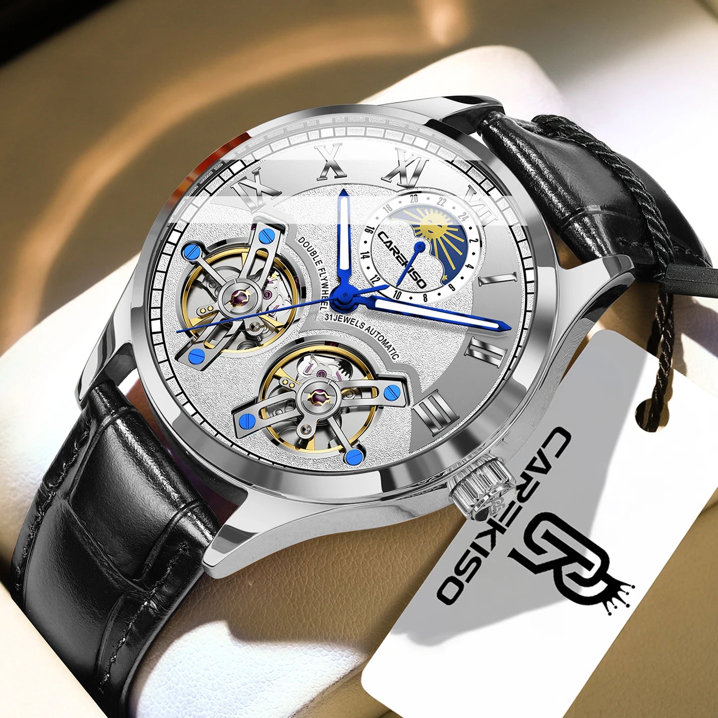 CAREKISO Fashion Men's Clock Double Hollow Tourbillon Automatic Mechanical Man Watch Waterproof Luminous Leather Men's Watches+Box