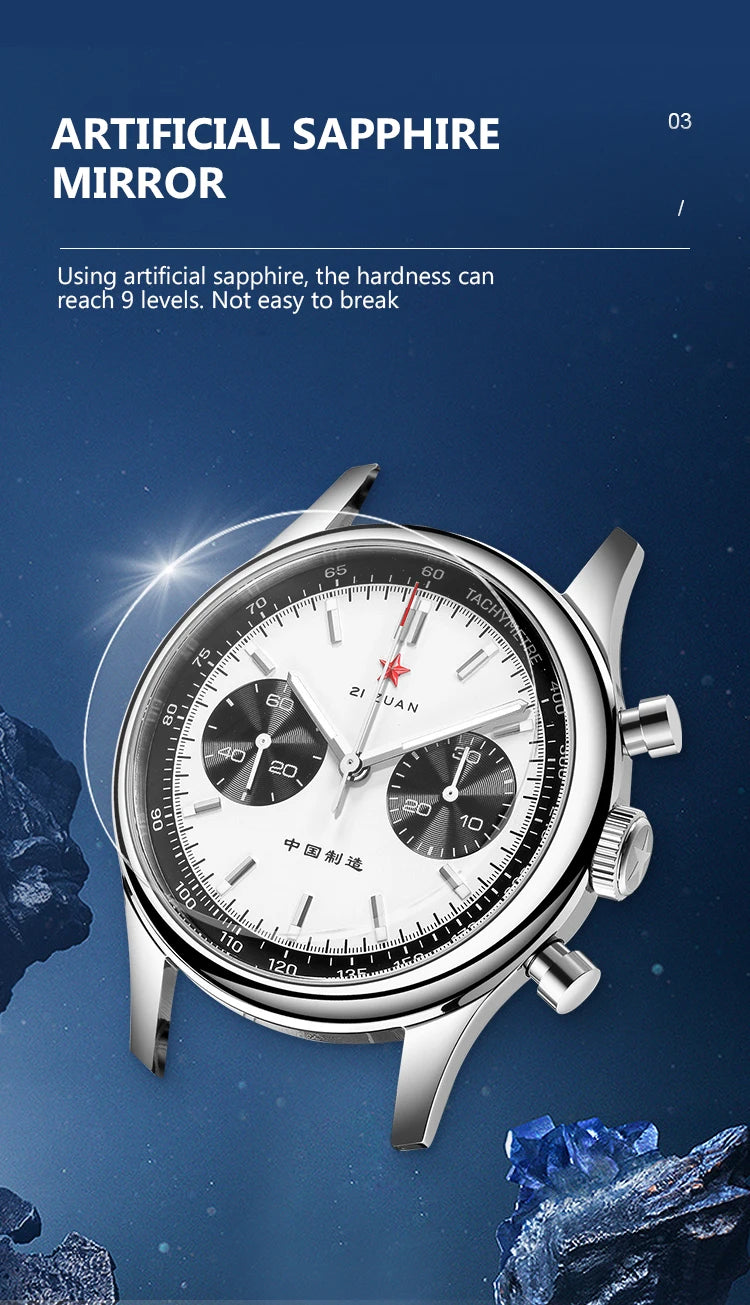 Red Star Panda Men's 1963 Chronograph Mechanical Wristwatch Seagull ST1901 Movement Gooseneck 40mm Luminous Sapphire Pilot Watch