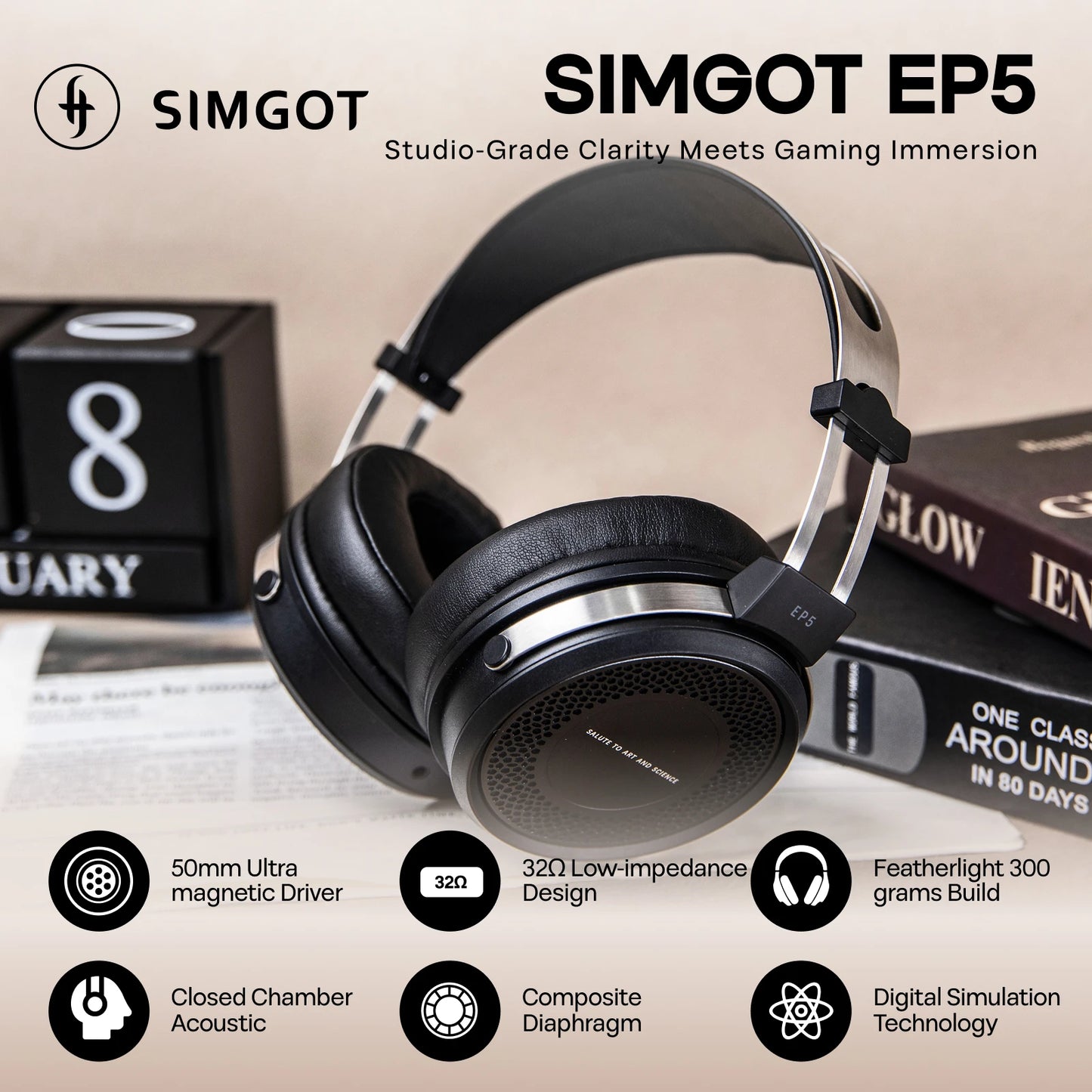 SIMGOT EP5 kabelgebundene Hochleistungs-Kopfhörer mit dynamischem 50mm-Treiber – HiFi-Gaming-Headset, niedrige Impedanz, hohe Empfindlichkeit, 7.1 Surround Sound