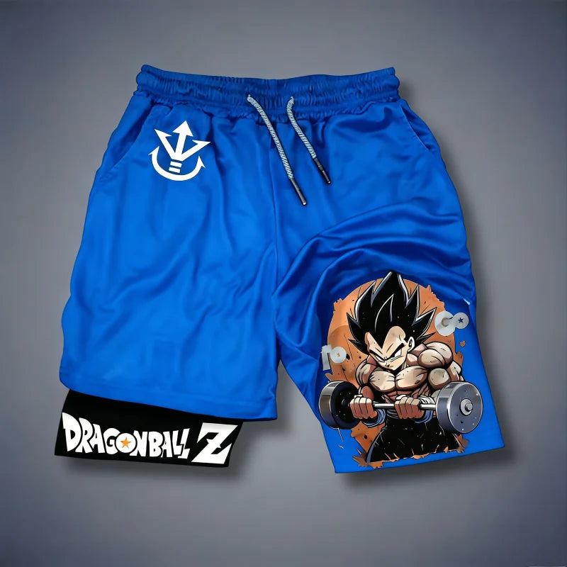 2026 Summer Dragon Ball Double Layer Sports Shorts for Men, Vegeta Gym Print, Quick Dry Fitness Workout Shorts, Oversized Y2k