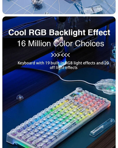 AULA F98PRO Wireless Mechanical Keyboard Transparent Keycaps RGB Backlit Custom 2.4G Hot Swappable Gaming Keyboard With Screen