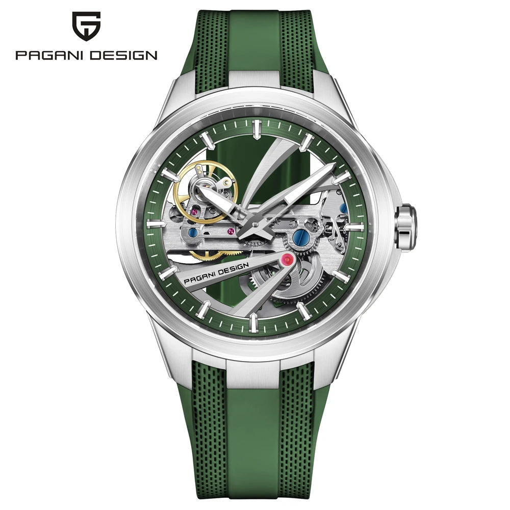 Zegarek męski PAGANI DESIGN – luksusowy model z mechanizmem automatycznym typu „skelet” (z widocznym mechanizmem), wyposażony w tourbillon, szkło szafirowe z powłoką antyrefleksyjną, wodoodporny i luminescencyjny.
