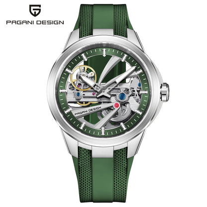 Zegarek męski PAGANI DESIGN – luksusowy model z mechanizmem automatycznym typu „skelet” (z widocznym mechanizmem), wyposażony w tourbillon, szkło szafirowe z powłoką antyrefleksyjną, wodoodporny i luminescencyjny.