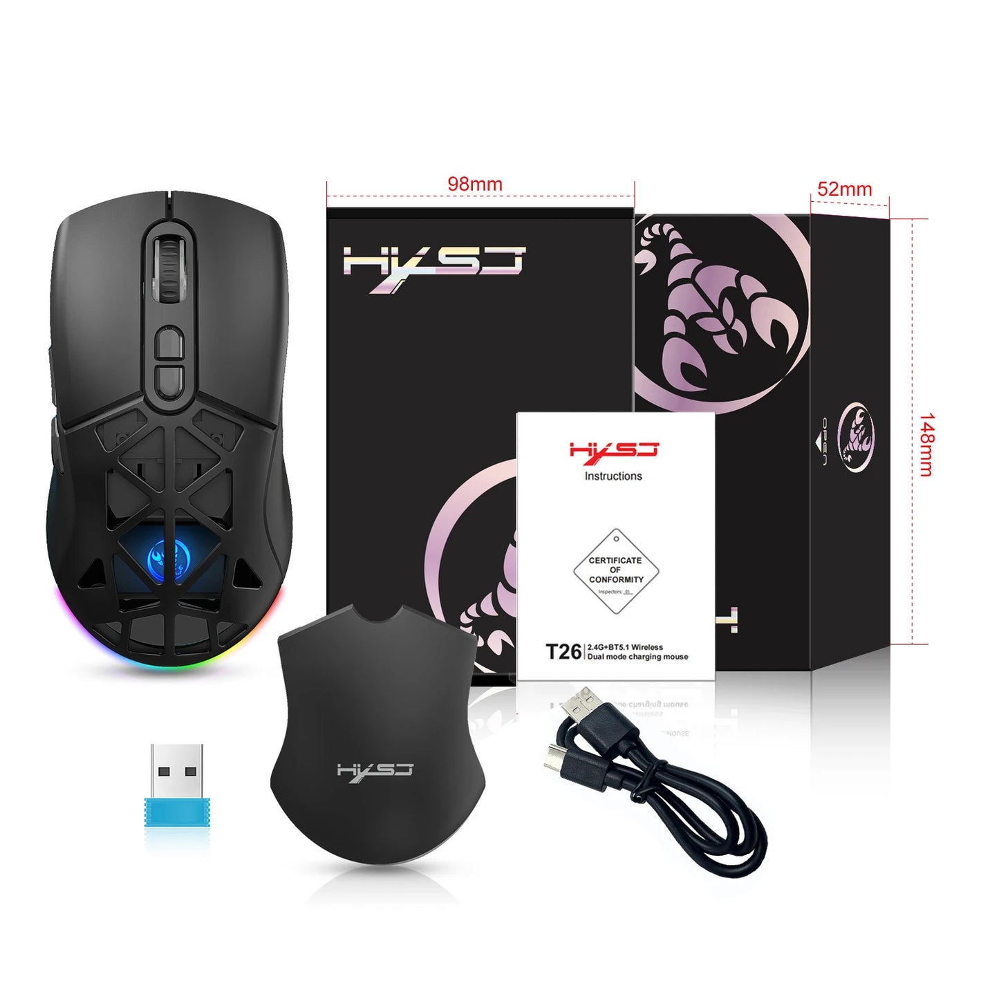 Ratón gaming HXSJ T26 de doble modo 2.4G+BT5.1, inalámbrico para portátil, 4800DPI ajustables, óptico, ergonómico para gamer