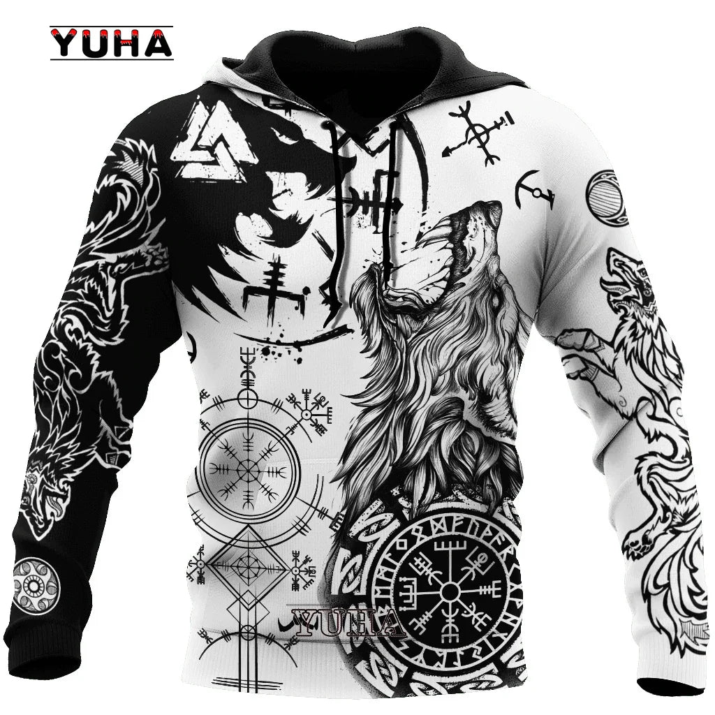 Neuer Wolf-Tattoo-Vegvisir Schwarz-Weiß 3D-Allover-Print Herren-Hoodie & Sweatshirt Unisex Casual Herbst-Trainingsanzug
