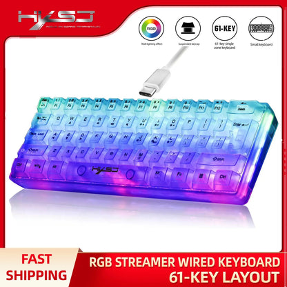Tastiera gaming trasparente cablata HXSJ 60%, retroilluminazione RGB, ultra-compatta, impermeabile, 61 tasti, per PC/Mac