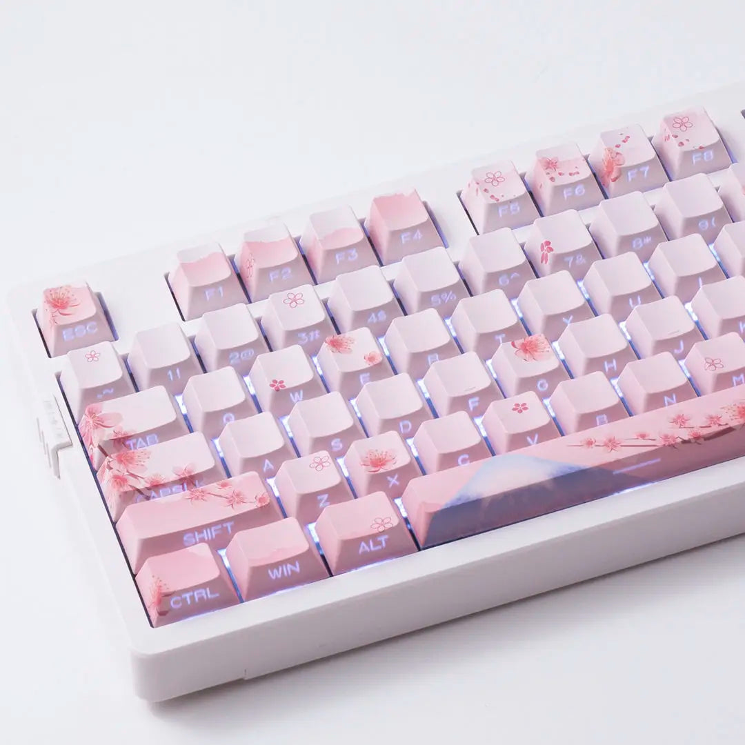 Set di keycap Sakura Pink con incisione laterale, PBT traslucido, 127 tasti, per switch MX e tastiere meccaniche 60/84/90/104/108